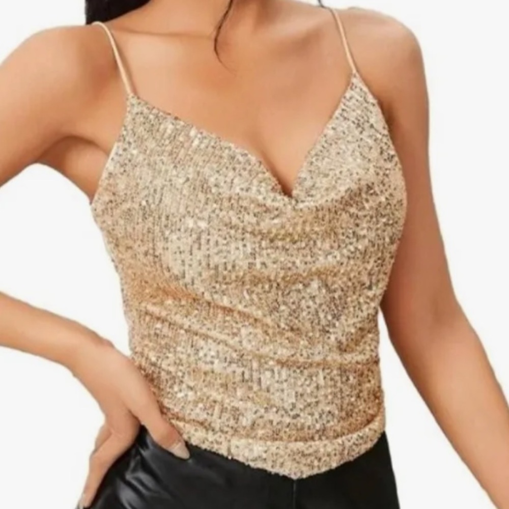 AMERICAN EAGLE AE STUDIO Gold Sequin Cowl Neck Blouse TANK TOP MEDIUM